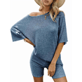 thumbnail image 1 of Pijama de 2 Piezas para Mujer, de Punto Acanalado, con Camiseta y Pantalones Cortos A Juego, Ropa de Dormir, Azul, Talla L, 1 of 7