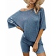 thumbnail image 1 of Pijama de 2 Piezas para Mujer, de Punto Acanalado, con Camiseta y Pantalones Cortos A Juego, Ropa de Dormir, Azul XL, 1 of 7