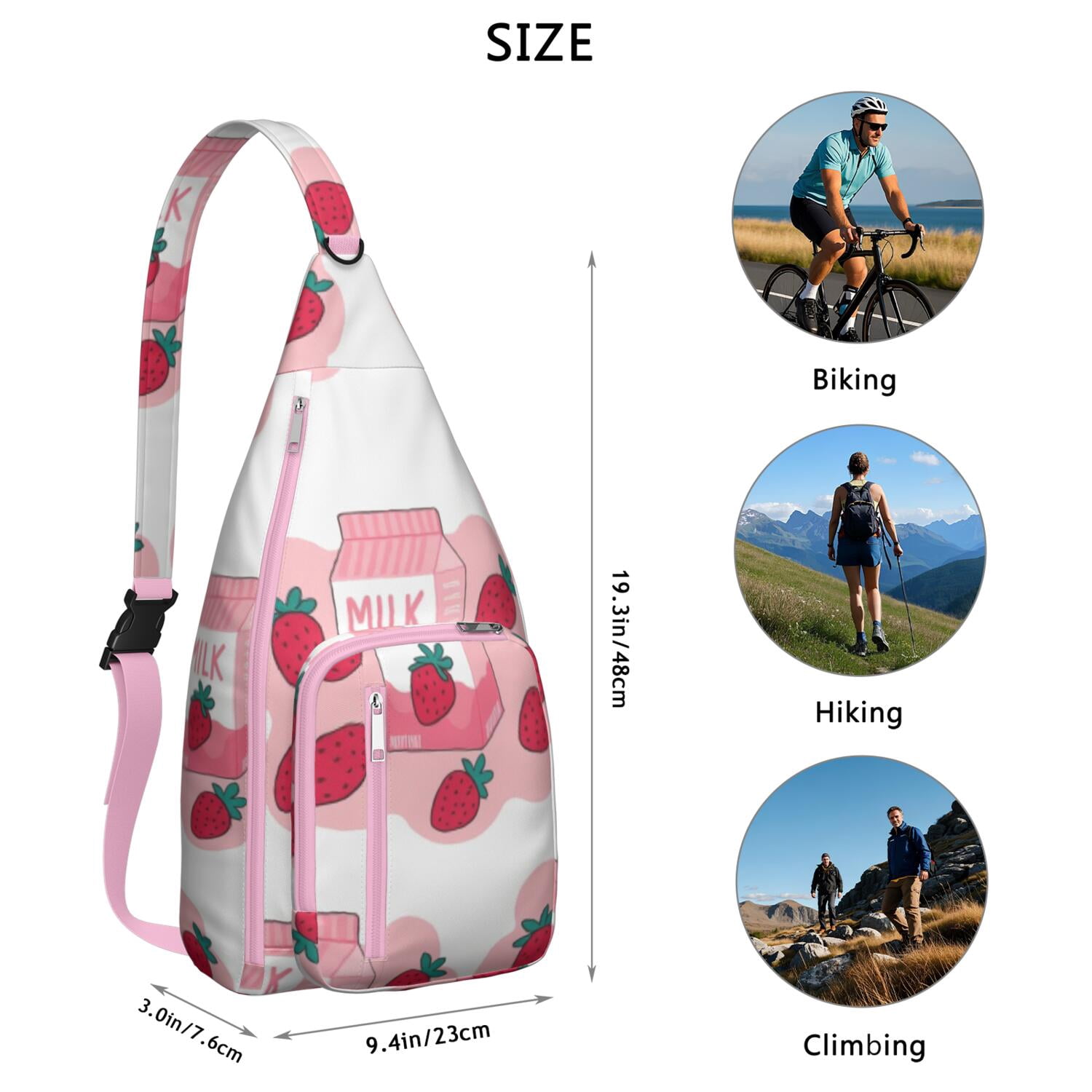 Strawberry Cute Sling Bag Crossbody Backpack,Travel Sling Bag Adjustable Casual Shoulder Backpack for Cycling Mountain Climbing