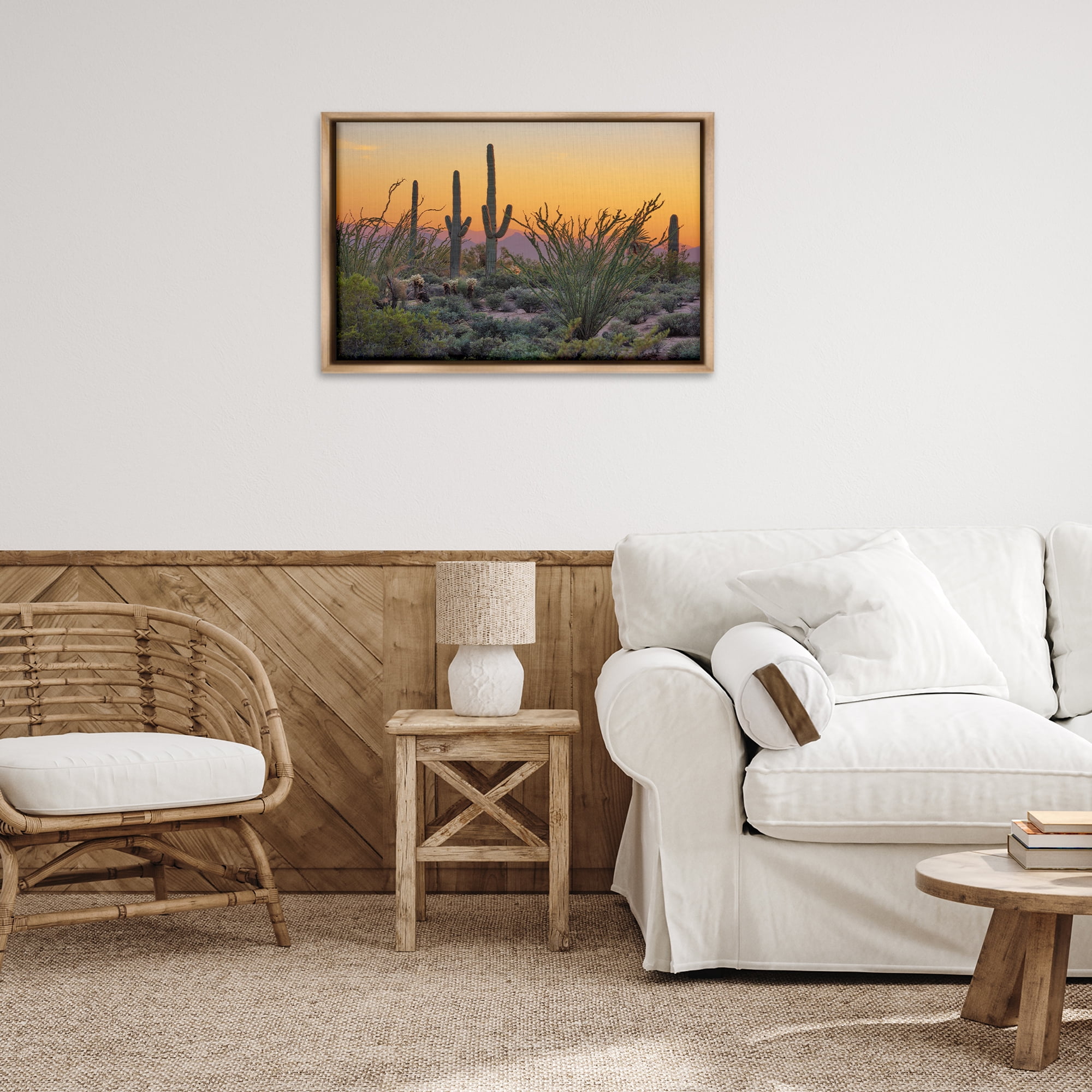 Stupell Industries Sunset Desertscape Cacti Landscape & Nature Photography Brown Floater Framed Canvas Art Print Wall Art, 31 x 21