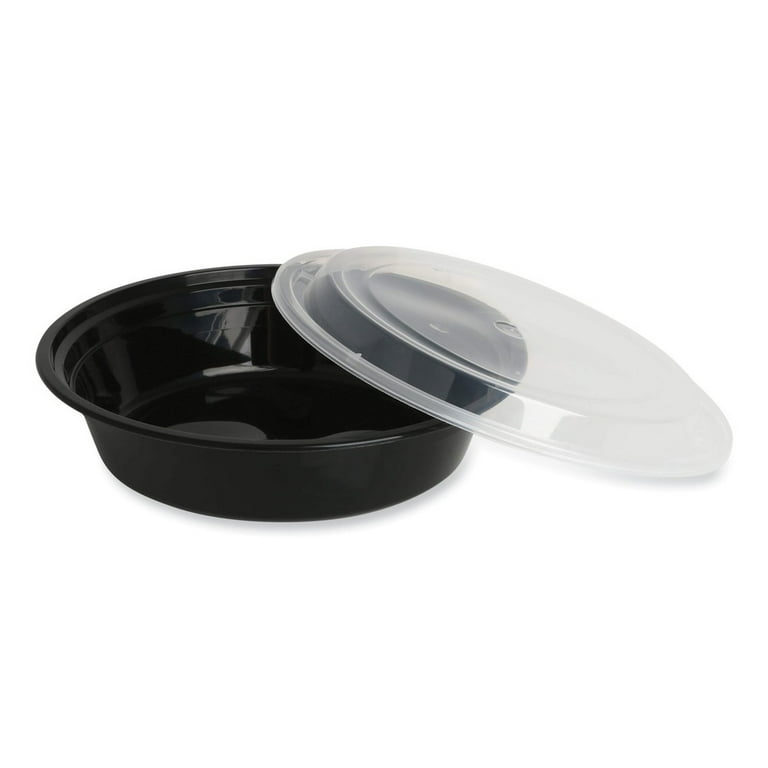 Microwavable Food Container with Lid, Round, 48 oz, 8.85 x 8.85 x 2.24, Black/Clear, Plastic, 150/Carton Microwavable Food Container with Lid, Round, 48 oz, 8.85 x 8.85 x 2.24, Black/Clear, Plastic, 150/Carton