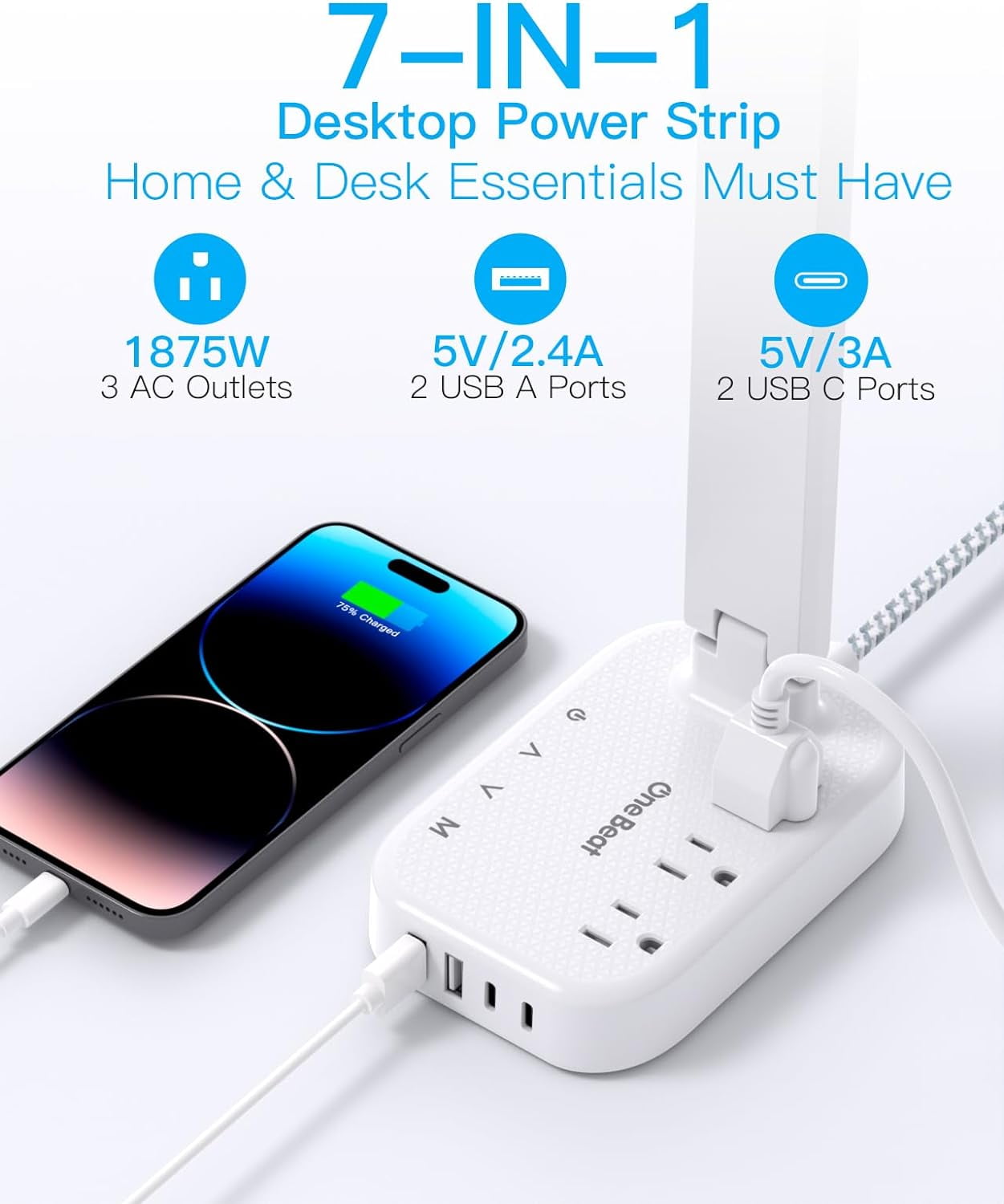 Small LED Desk Lamp Power Strip 5ft Exteion Cord with 3 Outlets 4 USB Ports(2 USB C), 4 Modes, 5 Level Touch Lamp Study Reading Light, Home Office Bedroom College Dorm Room Essentials,White