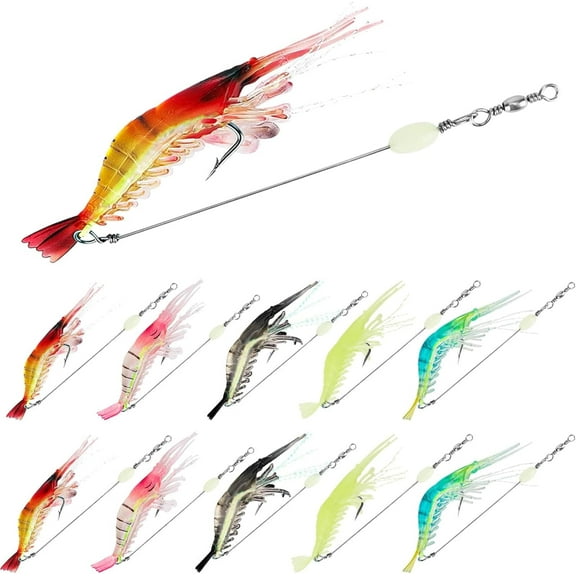 Rongsi 10PCS Saltwater Fishing Lures Shrimp Baits Set, Premium Soft Shrimp Fishing Tackle with Luminous Sharp Hooks, for Freshwater and Saltwater