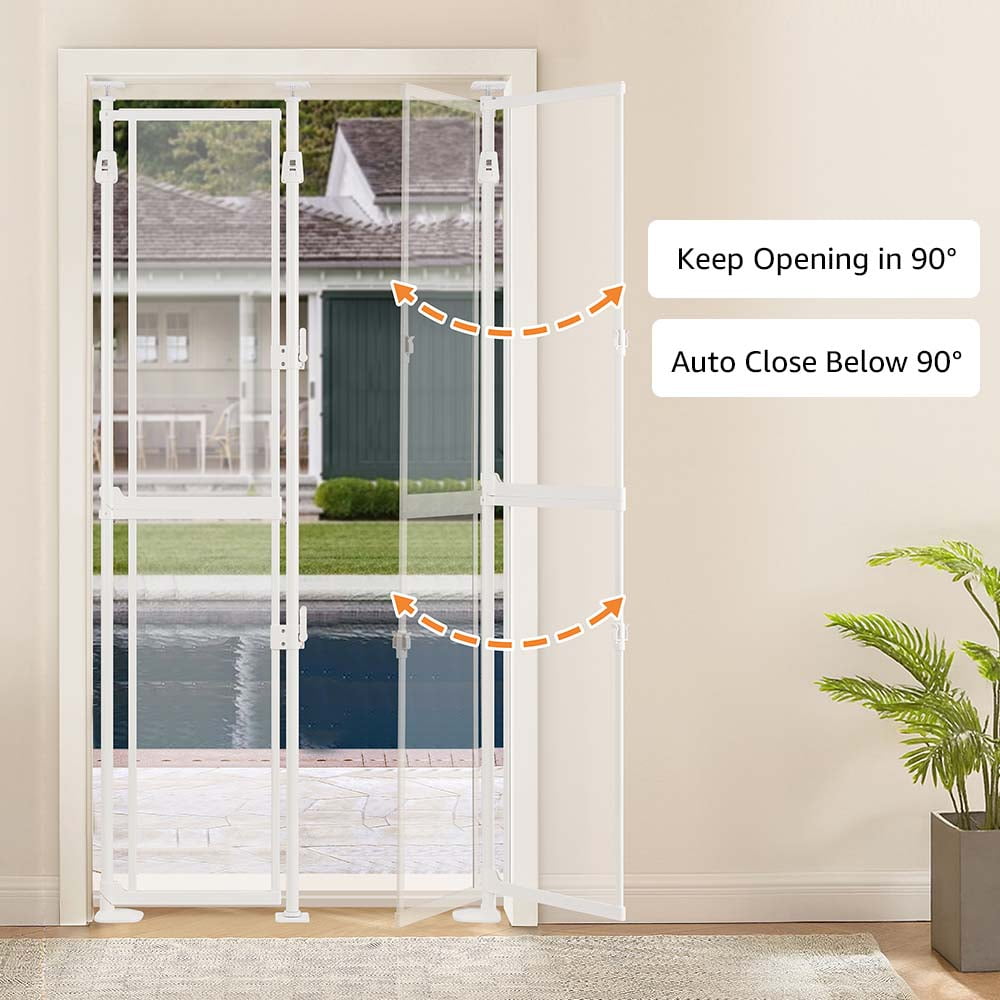 unipaws Clear Acrylic Cat Safety Gate, 75"-98" Height and 36.2"-37" Wdie Adjustable, Auto Closing and No Drilling Plus Stable 3 Support Pillars, White