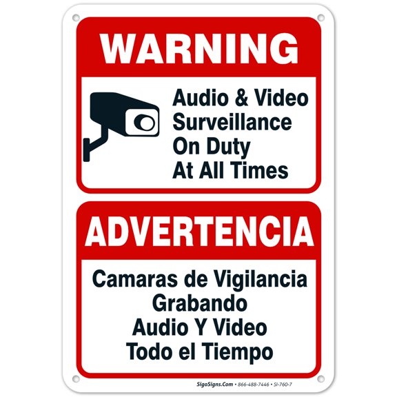Audio & Video Surveillance Sign, Bilingual English Spanish,