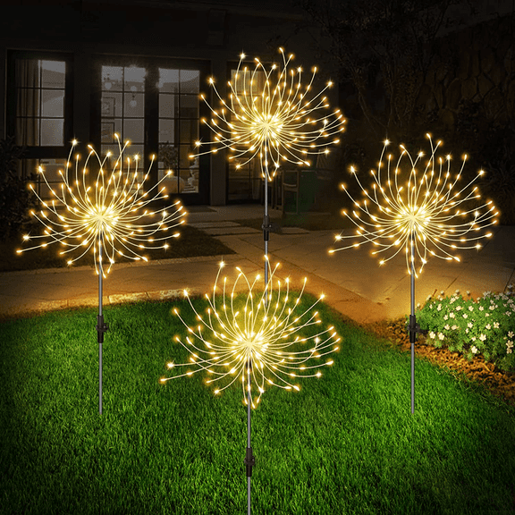 GooingTop Outdoor Solar Firework Lights 4 Pack,120LED Garden Fairy Lights,Solar Yard Lights with 8 Modes for Yard Pathway Patio Walkway Garden Decor(Warm White)