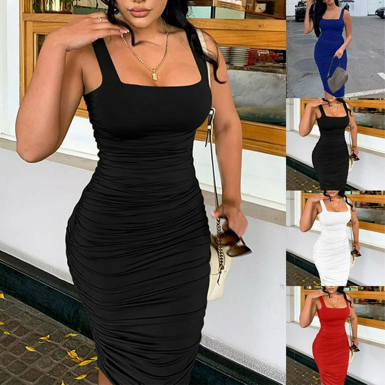 ALSLIAO Womens Sexy Slim Basic Sleeveless Tank Dress Soft Stretch Wrinkled  Casual Dress Black S 