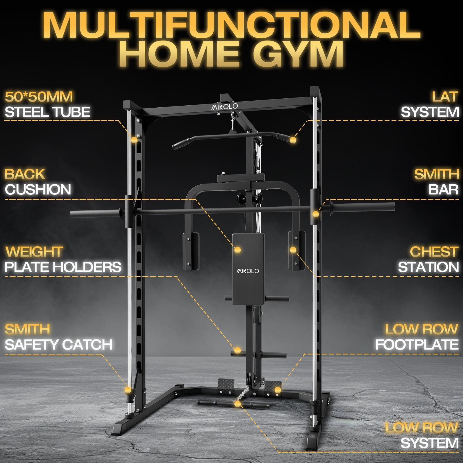 Mikolo Smith Machine, 1000LBS Power Rack With Pec Deck and Lat Pull Down System, Multi-Function Squat Rack Cage For Home Gym