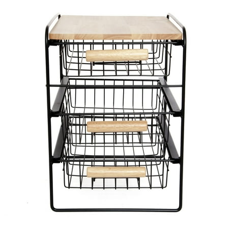 Origami Wood Top Steel Kitchen Organizer 3 Tier Basket Sliding Drawer,