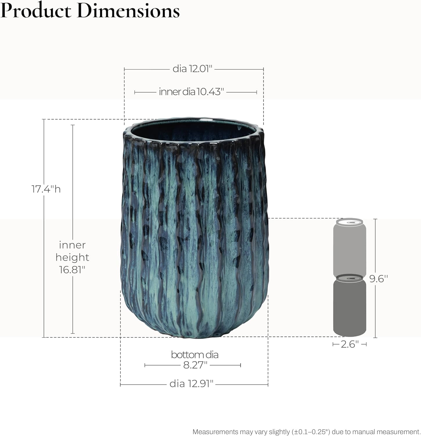 LuxenHome 17" Tall Ceramic Planter, Large Verdant Rise Ribbed  Pot with Drainage Hole and Rubber Plug, Green Gradient Planter Pot for Outdoor , Indoor Flower Pots for Home Garden Patio
