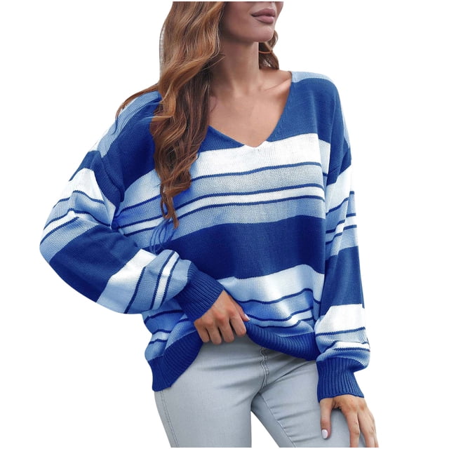 IROINID Pull Col en V pour Femmes Rayures Décontracté Manches Courtes Automne et Hiver