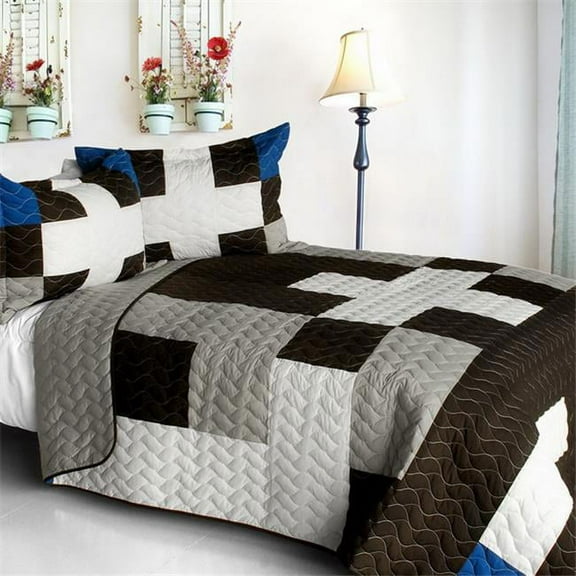 Milky Quartz - B - Vermicelli-Quilted Patchwork Geometric Quilt Set  Full & Queen Size - Gray