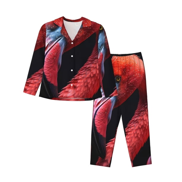 Balery Closeup Red Flamingo Portrait Conjunto de Pijama con Estampado para Mujer, Conjunto de Dos Piezas con Manga Larga, Ropa de Dormir Suave con Bolsillos, Pijamas Cómodos-Large