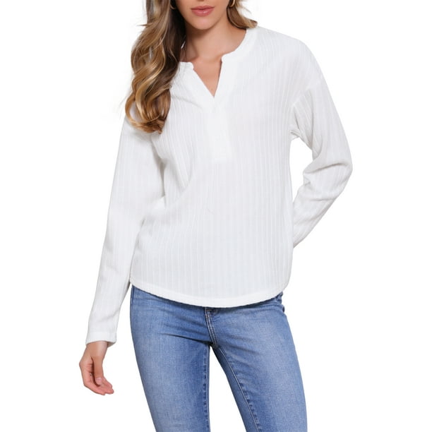 CAMISAS DE MANGA LARGA INSPIRE CHIC Blusa para Mujer Moda Casual 2025 Blusas de Punto Texturizadas Cuello en V XS Blanca