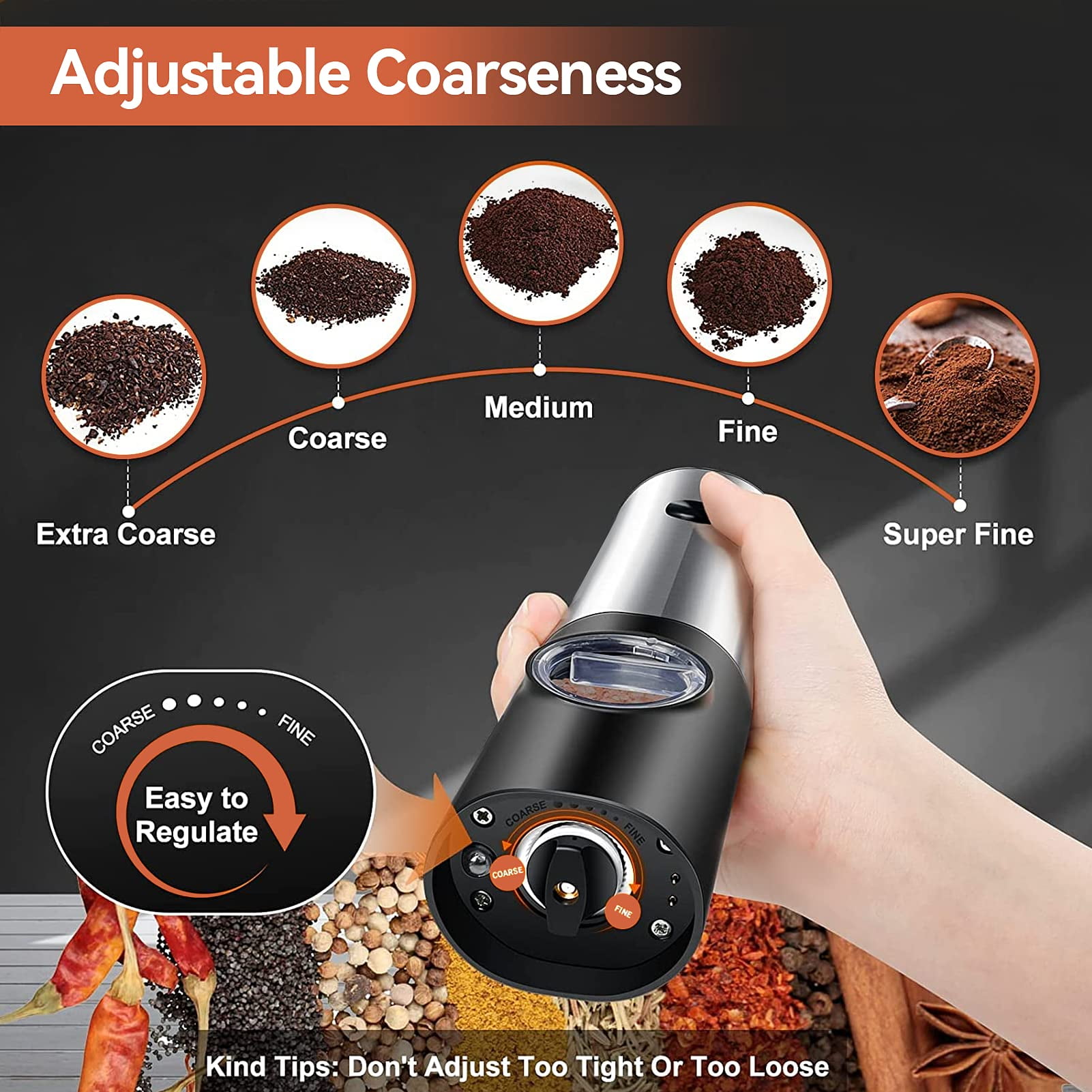 AsFrost 2Pcs Electric Salt and Pepper Grinder Set USB Rechargeable Base, No Battery Needed, One Handed Operation, Automatic Powered Spice Mill Shakers Refillable, Adjustable Coarseness, LED Light