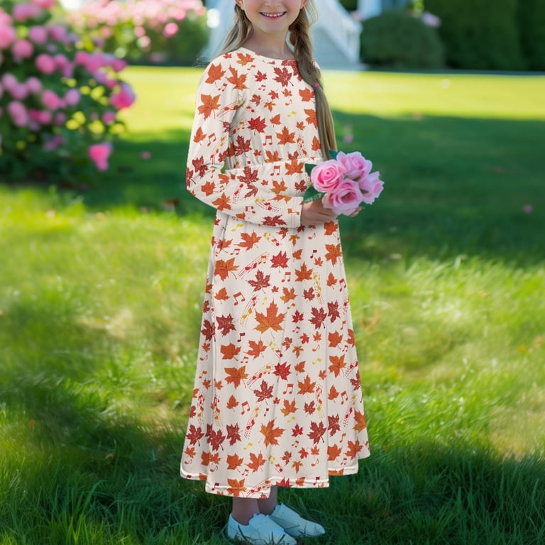 Disnimo Thanksgiving Maple Leaf Long Sleeve Girls Dresses Size 9/10 Dress with Long Sleeves and Pockets for Kids Fall Dresses for Girls for Kids Long