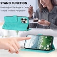 thumbnail image 5 of Leather For Apple iPhone 16 Pro Case Tulip Embossed 5-card  Flip Wallet Leather Case with Card Holder Magnetic Closure ,Detachable Wrist Strap,Shockproof Phone Cases Cover,Green,For iPhone 16 Pro, 5 of 9