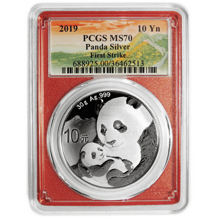 2019 10 Yuan Silver China Panda PCGS MS70 First Strike Red Great Wall Label Red Frame