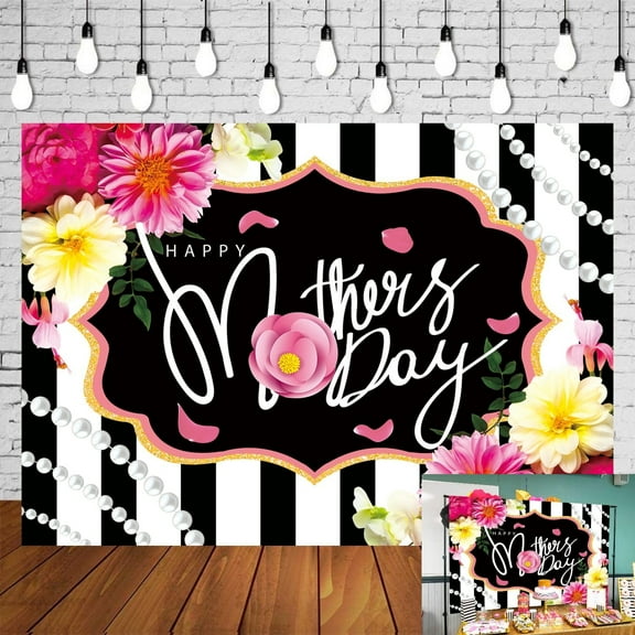 7x5FT Mother's Day Backdrop Pink Floral Pearl Mother's Day Background Black White Stripe Love Best Mom Grandma Festival Backdrop