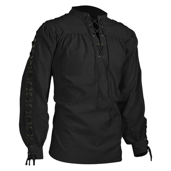 Ploknplq Men's Leisure Pirate Shirt Medieval Renaissance Relaxed Fit Hip Length Poet Collar Long Sleeve Lacing Black 3XL
