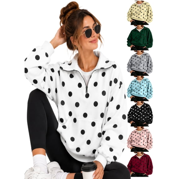 APEXFWDT Sweatshirts for Women Quarter Zip Pullover Long Sleeve Polka Dot Tops Casual Loose Fit Fall Sweatshirt with Kangaroo Pocket