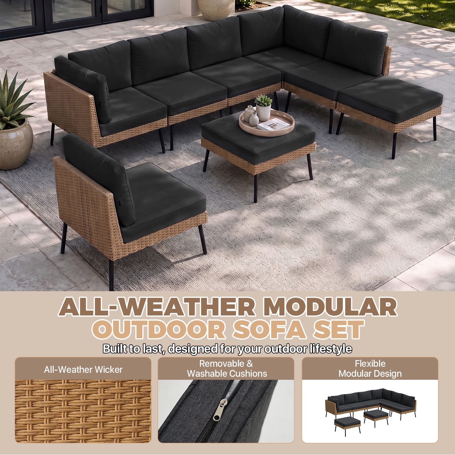 BaPiPro 8-Piece Modular Outdoor PE Rattan Sectional Sofa Set, All Weather Patio Furniture with Removable 4" High Density Cushions & 2 Multifunctional Ottomans for Backyard Garden Courtyard, Black