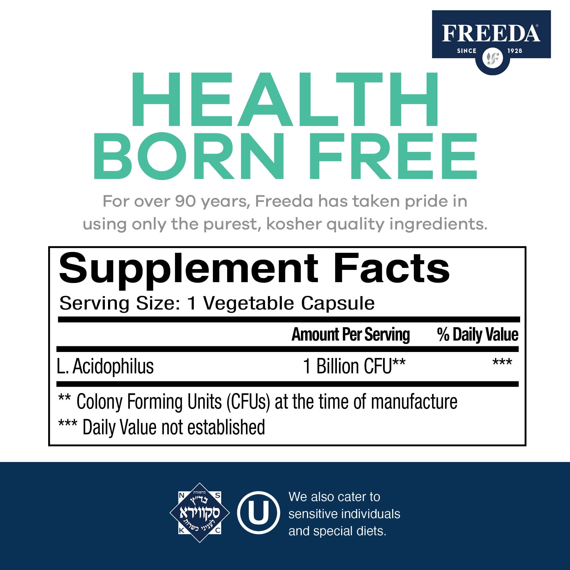 Freeda Acidophilus Probiotic 1 Billion CFU | Gut Health & Digestive Support | Vegan Capsules | 250 Count