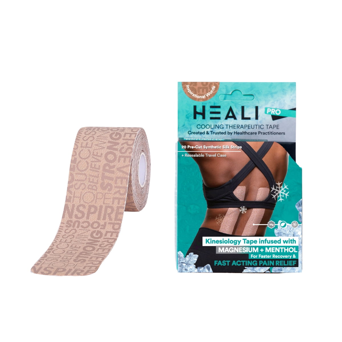 (2 pack) Heali PRO Kinesiology Tape, Menthol and Magnesium, 20 Precut Strips, Synthetic Silk, Beige Inspo