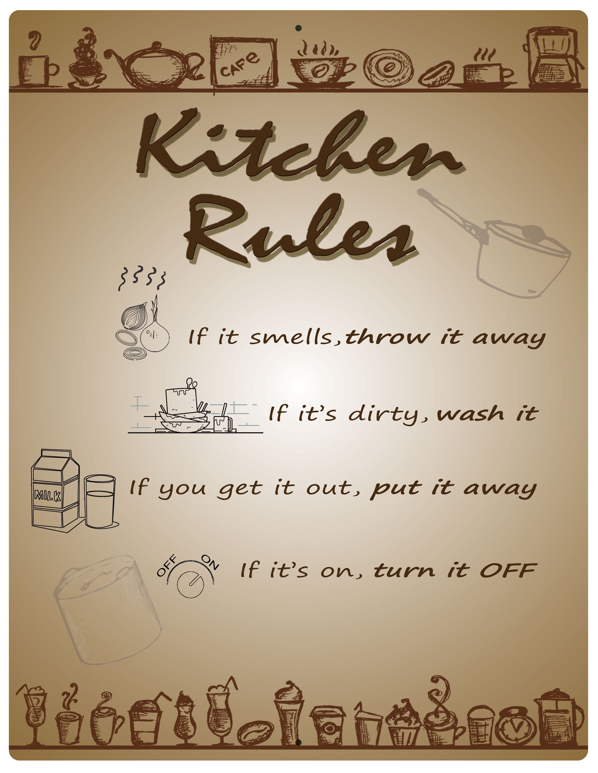 Aluminum Sign Kitchen Rules 12" x 9"