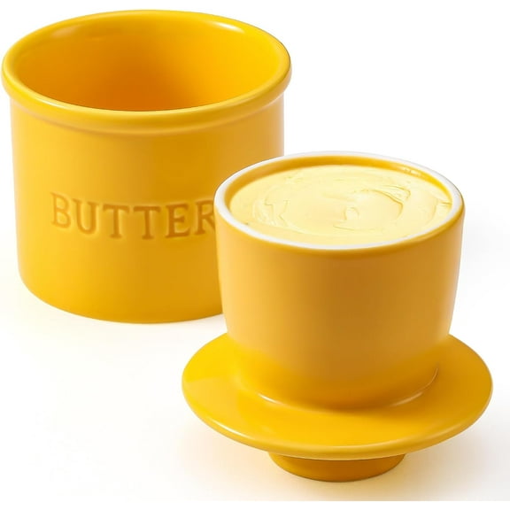 Butter Crock with Lid for Countertop - Ceramic French Butter Dish for Spreadable Soft Butter, Butter Container Holder with a Water Seal, Housewarming Gift, Kitchen and Home Decor, Yellow