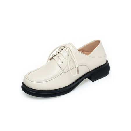 

Difumos Womens Vintage Lace Up Flats Lightweight Chunky Dress Shoes Casual Uniform Comfort Round Toe Beige 7.5
