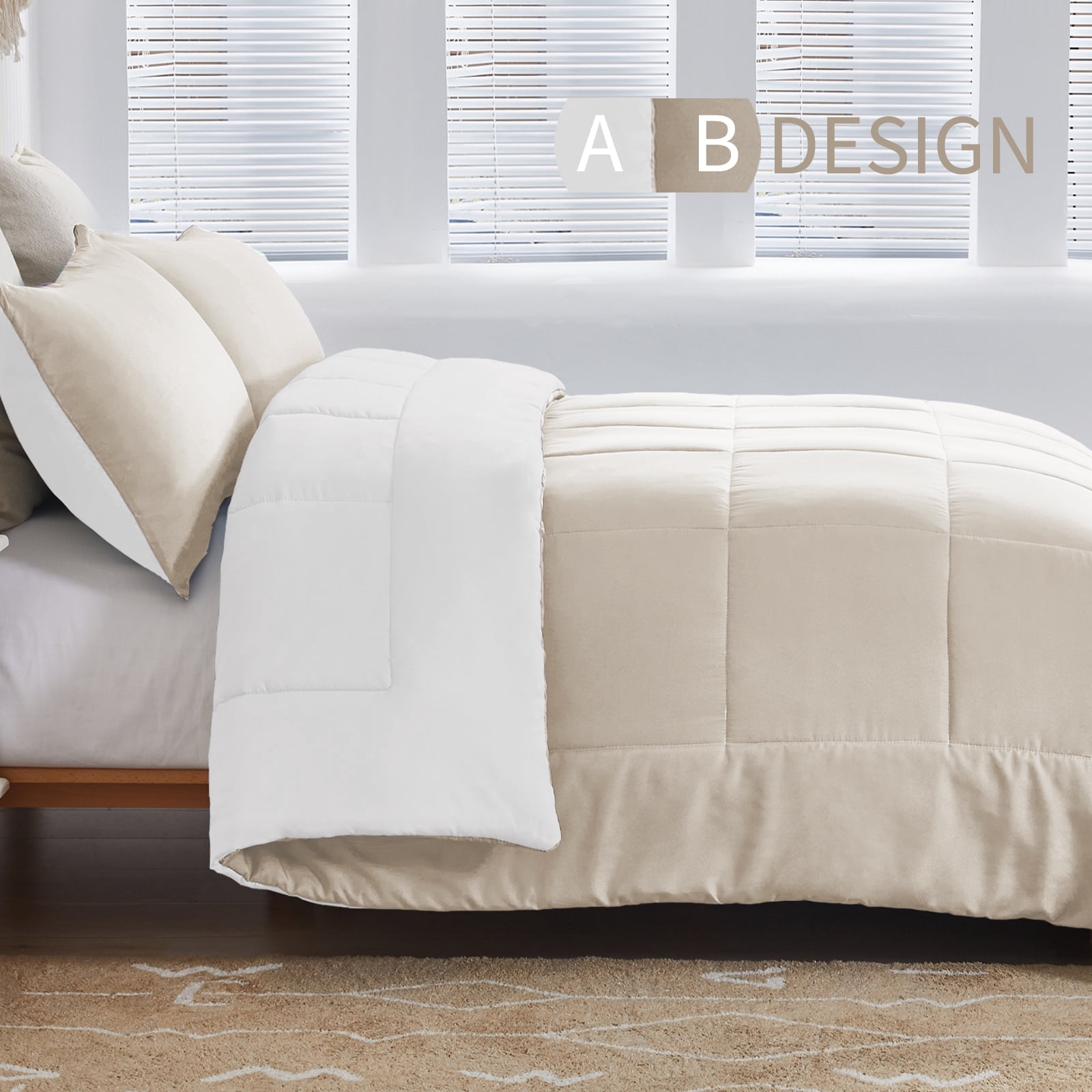 Exclusivo Mezcla Lightweight Reversible 3-Piece Comforter Set All Seasons, Down Alternative Comforter with 2 Pillow Shams, King Size, Beige/White