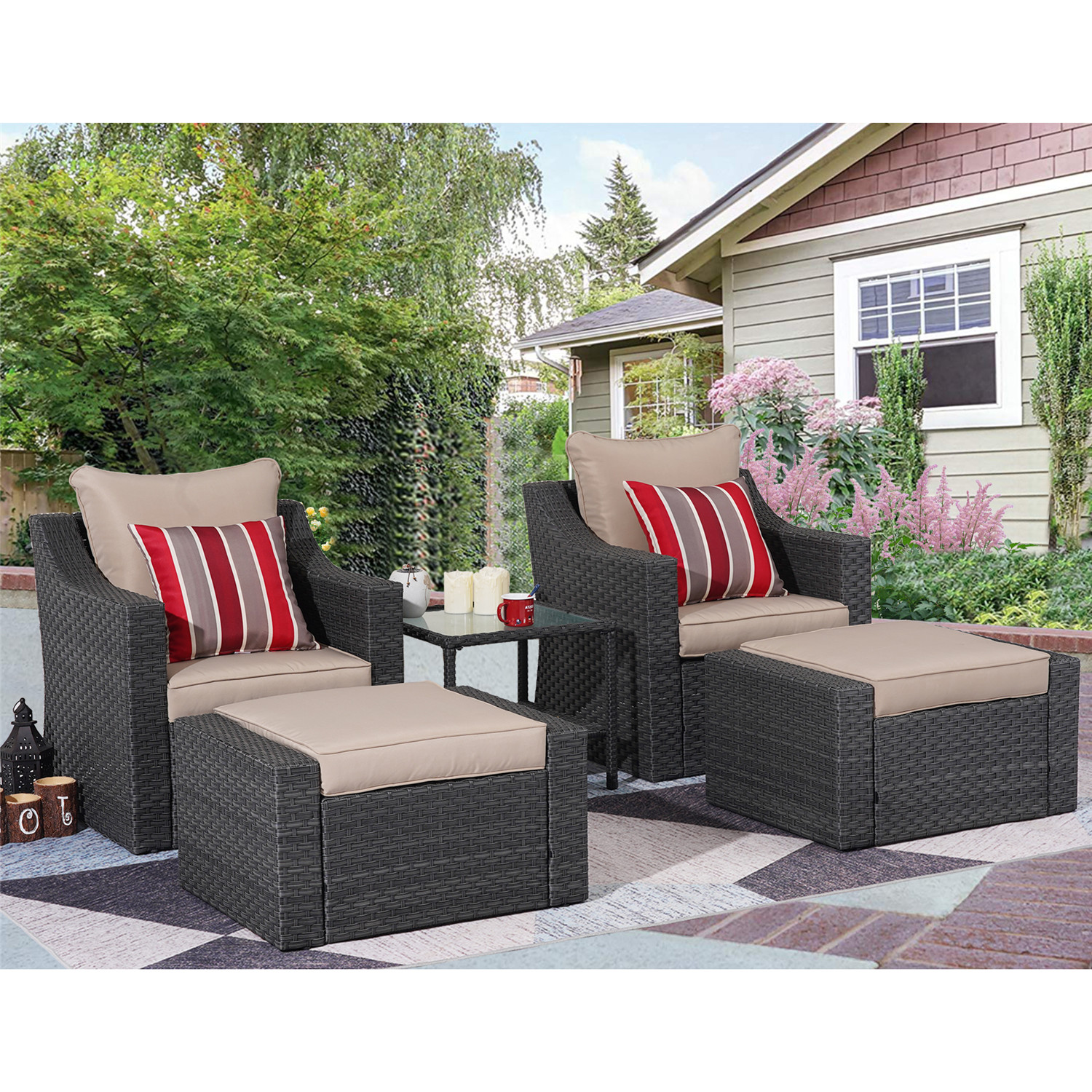 5 Pcs Outdoor Patio Furniture Set All Weather PE Rattan Wicker Cushioned Sectional Sofa Chairs with Ottomans and Side Table, Khaki - image 2 of 7