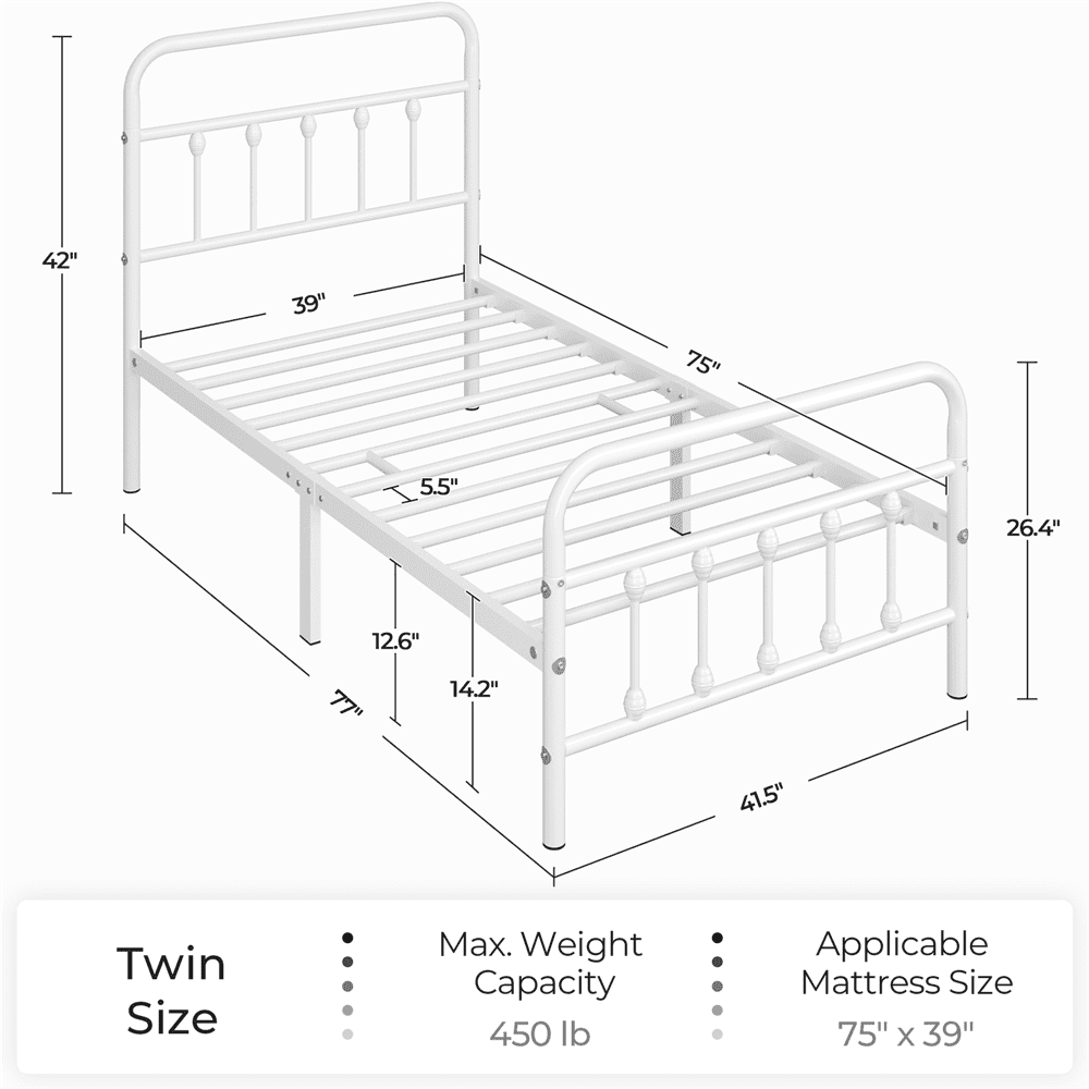 Fullfurnique Metal Platform Bed with High Headboard and Footboard for Adults, Twin, White