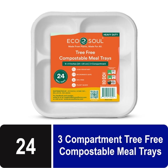 Compostable Bagasse - 3 Compartment Round Meal Tray Without Lid 23 × 23 cm (9” x 9”), 24 Count