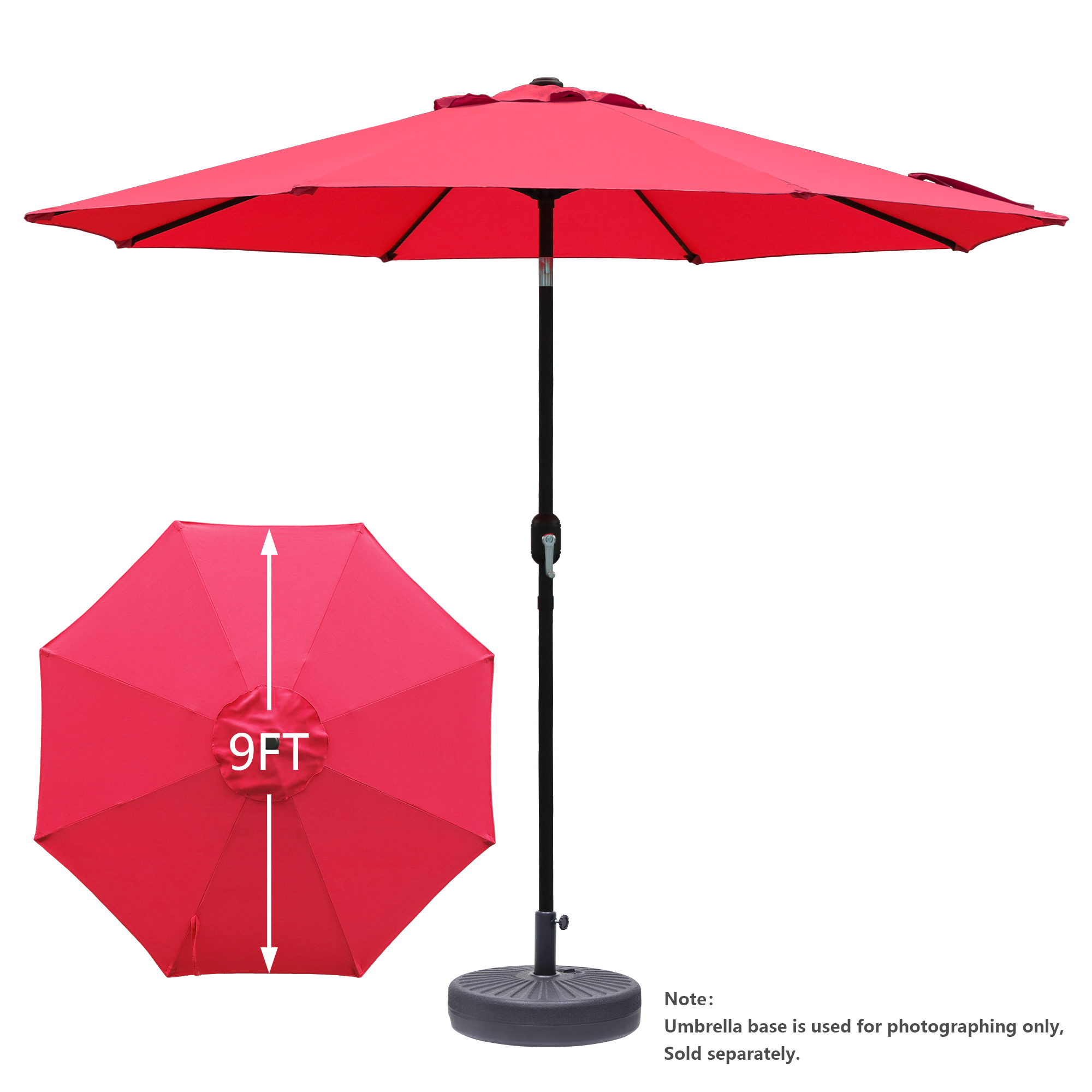 Abble Outdoor 9ft Patio Umbrella with Crank Handle and Push Button Tilt, Outdoor Market Umbrella with 8 Ribs for Garden, Deck, Backyard, Pool, Red