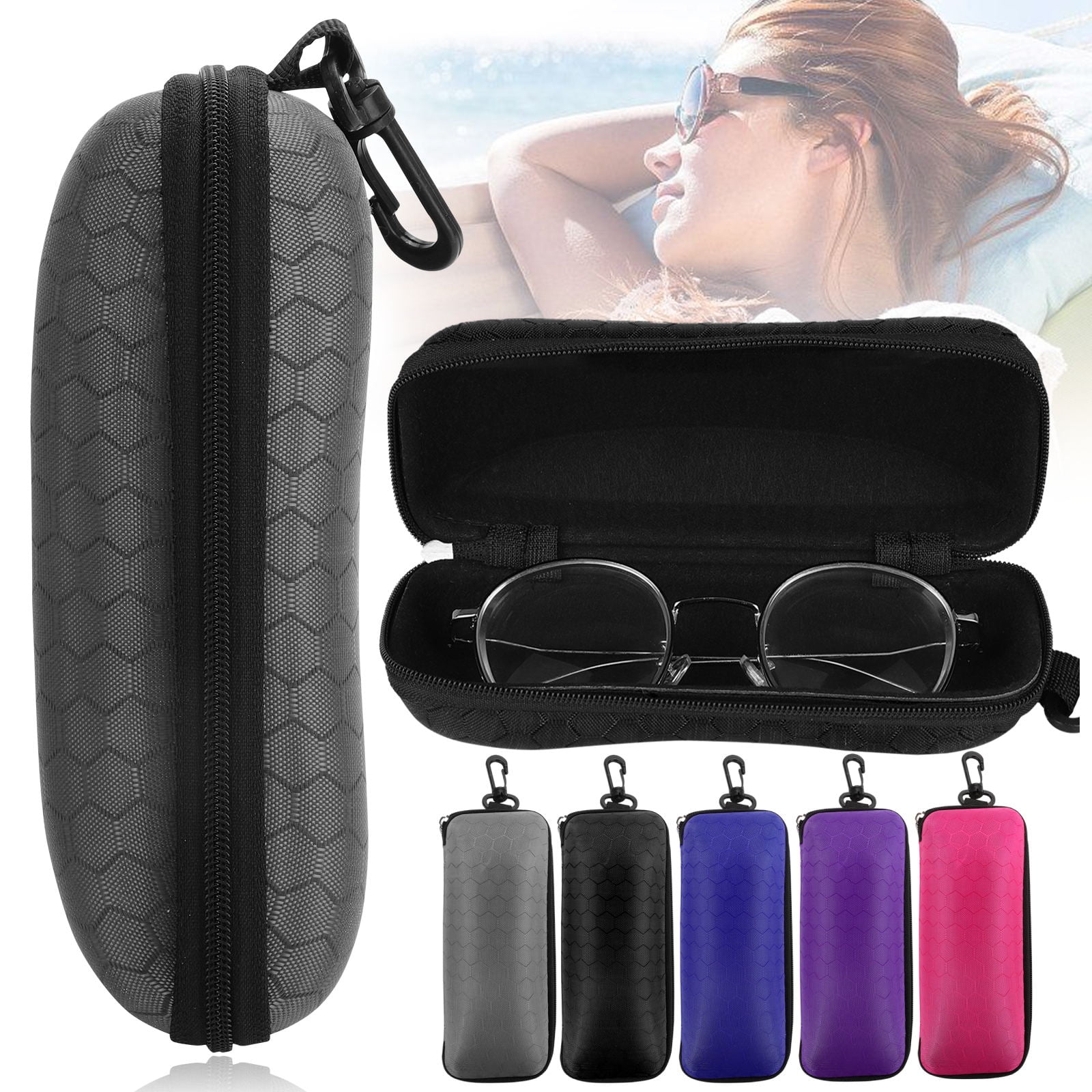 Portable Glasses Case Hard Eyeglass Box with Carabiner Hook Zipper Eyewear Sleeve Pouch Sunglasses Protector Cover For Women Men 