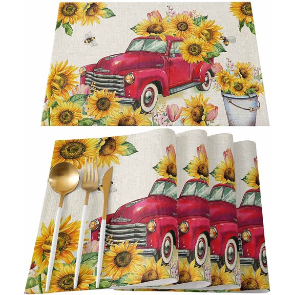 Rdsfhsp Sunflower Placemats Set of 4 Spring Summer Red Truck Placemats for Dining Table Linen Table Mats Car Pulling Sunflower Place Mats for Holiday Parties Family Dinner 12x18 Inch