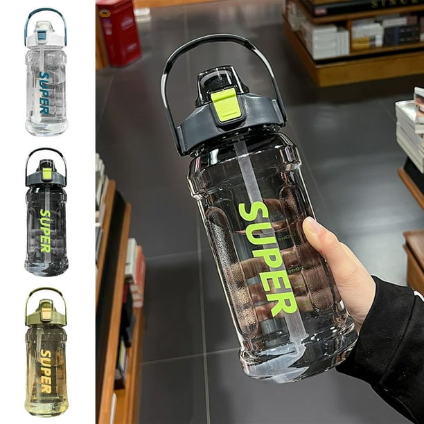 Botella de agua deportiva de 2L de gran capacidad con pajita, plástico impermeable y rompedor, mango portátil y soporte para teléfono, marcas de volumen, verde/blanco/negro