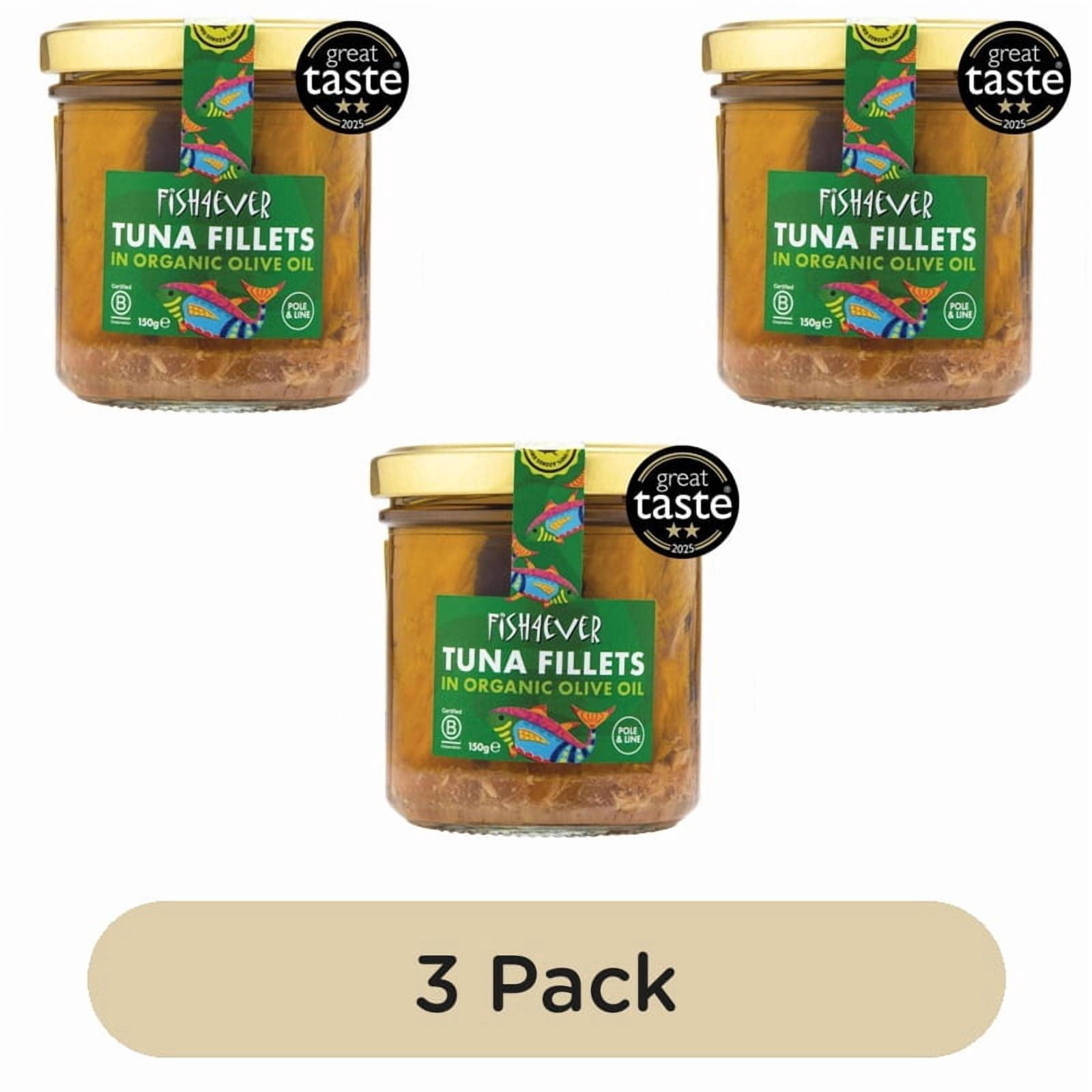 Fish 4 Ever Azores Tuna Fillets in Organic Olive Oil 150g, British Import (Pack of 3)