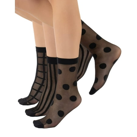 

Calzitaly 3 Pairs Women Pop Socks Sheer Everyday Ankle Socks in 3 Different Designs: Dots Stripes and Geometric - One Size (Black)