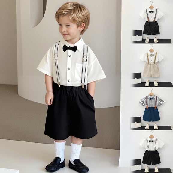 Baby Boy Outfit Kids Summer Kindergarten Graduation Suit with Short Sleeve Shorts Suspenders Bow Tie Boys' Clothing Sets Black1 4-5 Years