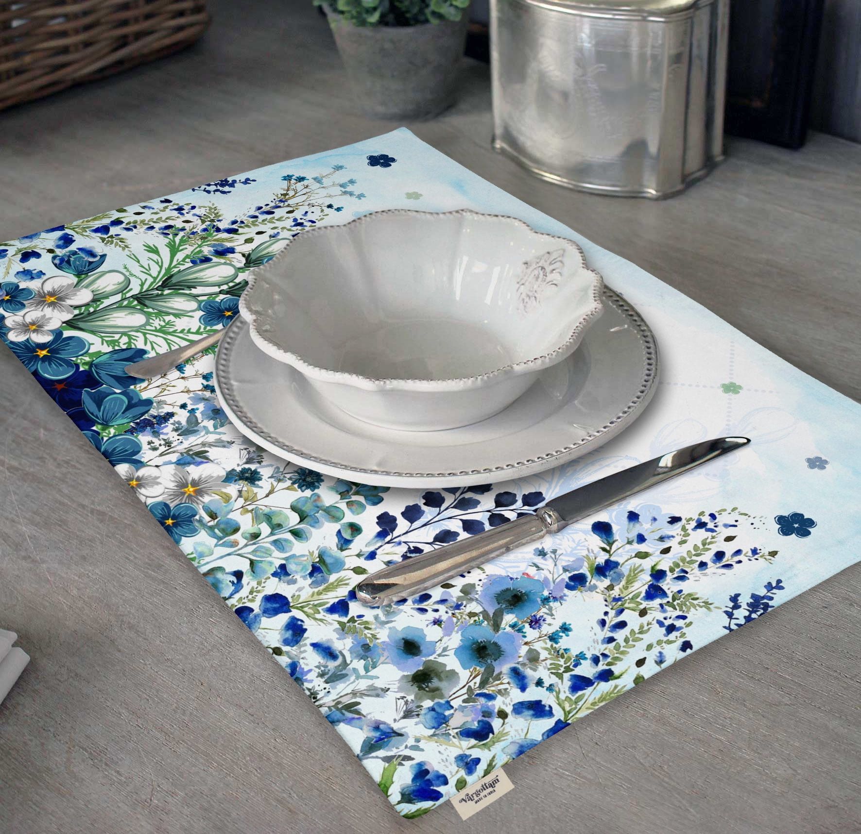 Vargottam Placemats- Placemat For Dining Table, Set Of 4- Printed & Reversible CottonNapkin-IndoorPlacematsFor Home & Kitchen Dining Table- Watercolor Flowers (Blue)