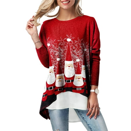 Women's Christmas Plus Size Xmas Blouse irregular Shirts Long Sleeve ...