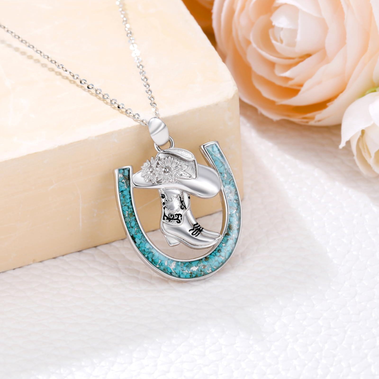 Coachuhhar Western Cowboy Necklace 925 Sterling Silver Boots Horseshoe Pendant Western Jewelry Cowgirl Gifts for Women Girlfriend Cowboy Cowgirl
