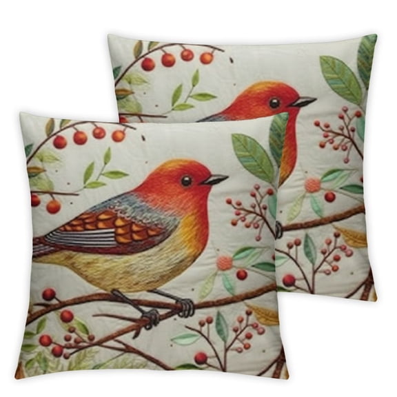 Acheng  Throw Pillow Covers Home Decorative Cushion Colorful Spring Animal Retro Flying Red Bird with Flowers Pillow Cases Square Pillocases for Outdoor Bed Sofa,Set of 2 White 12x12in