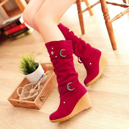 

VEKDONE 2023 Clearance Christmas Deals Women s Winter Anti-Slipping Flat Shoe Round Toe Thicken Wedges Ladies Long Tube Boots