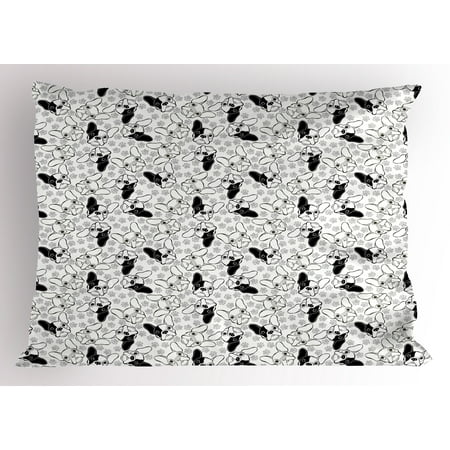 Bulldog Pillow Sham Monochrome Doodle Portraits with Paw Traces Best Friend Animal Lover, Decorative Standard Queen Size Printed Pillowcase, 30 X 20 Inches, Black White and Pale Grey, by
