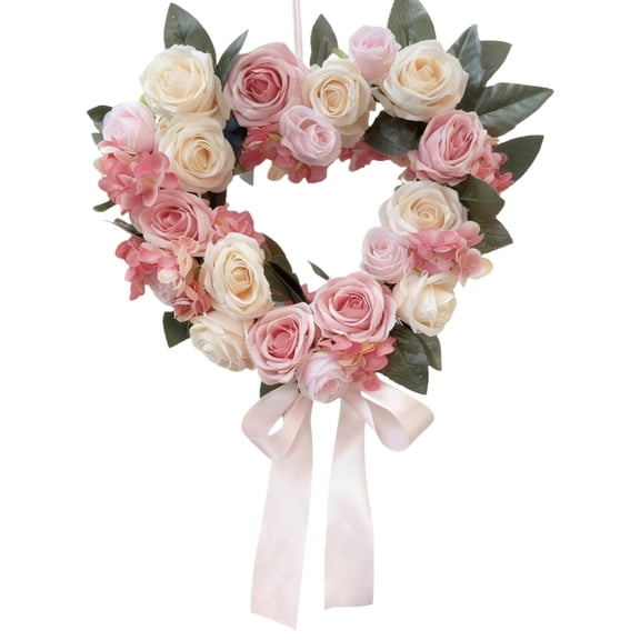 Valentines Day Wreath,Heart Shaped Rose Wreath,15.7 in Pink Valentine's Day Floral Wreath with Ribbons,Heart-Shaped Garland Wreaths for Front Door,Valentine's Day Wedding Decoration(Style A)