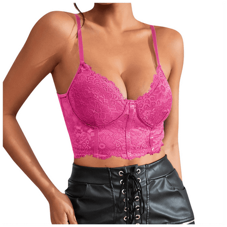 Fulorrnie Bras for Women Lift Wirefree Supportive Comfort Balconette Lace Stretchable Spaghetti Straps Bra Hot Pink M